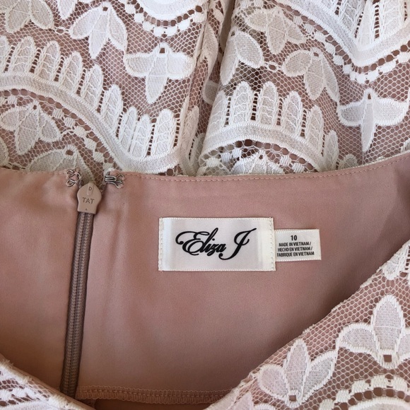 Eliza J Cotton Blend Puff 3/4 Sleeves Ivory Lace Nude Line Back Zipper Dress 10 - Picture 9 of 16